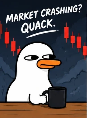 Market crashing, duck holding a mug