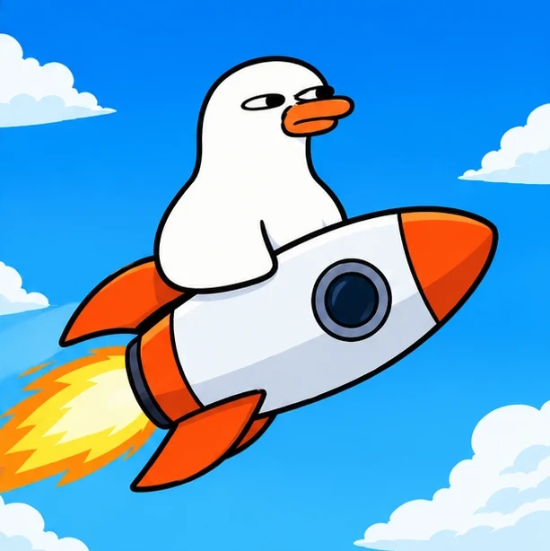 QUACKOS riding a rocket